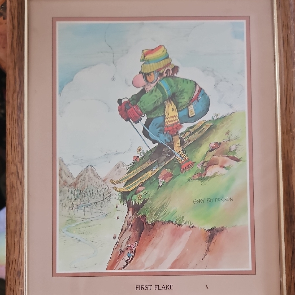 Skiing Art Print with Brown Frame